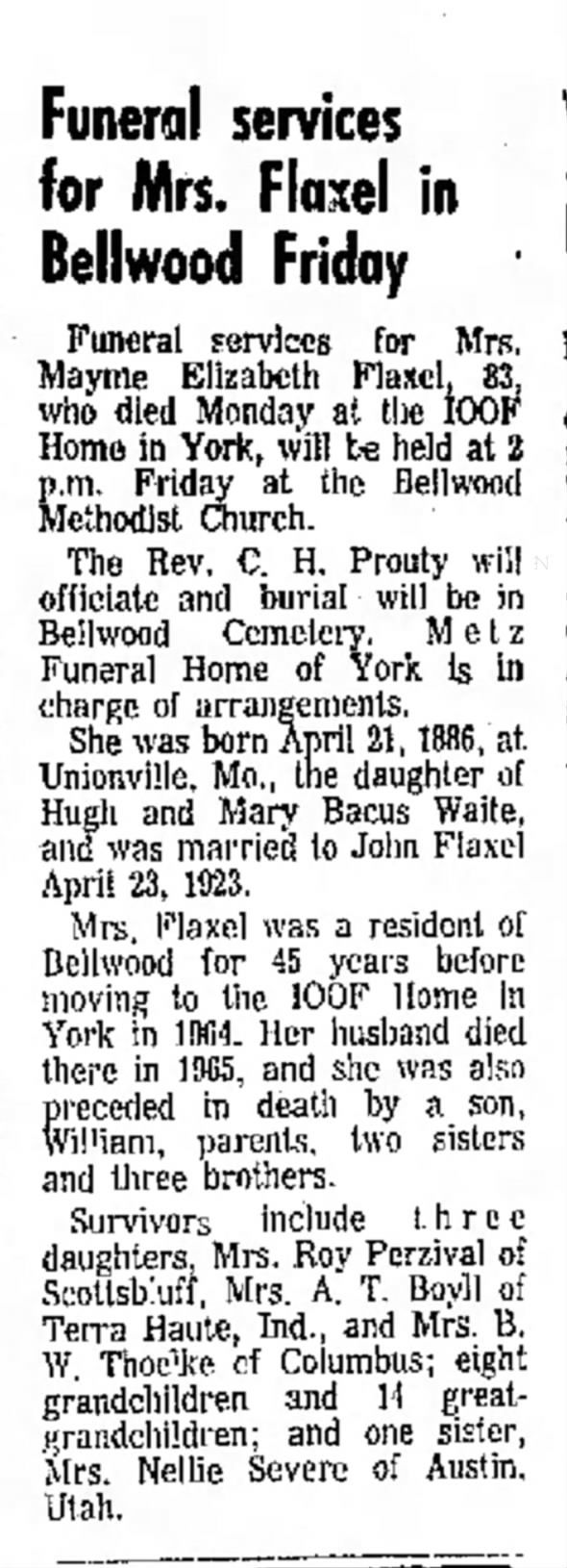 Mayme Elizabeth Waite Owens Flaxel Obituary Columbus NE Telegram 1969-12-31 Wed Pg 5